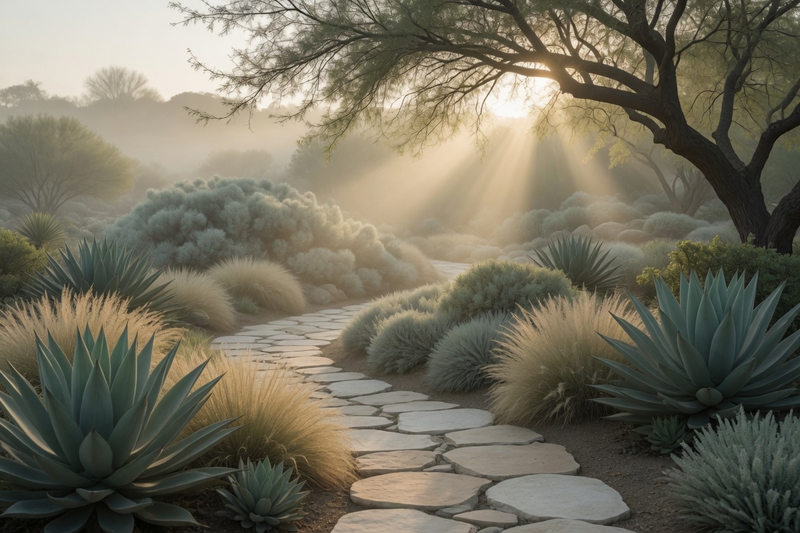 Landscaped desert garden at dawn with agaves along a flagstone path